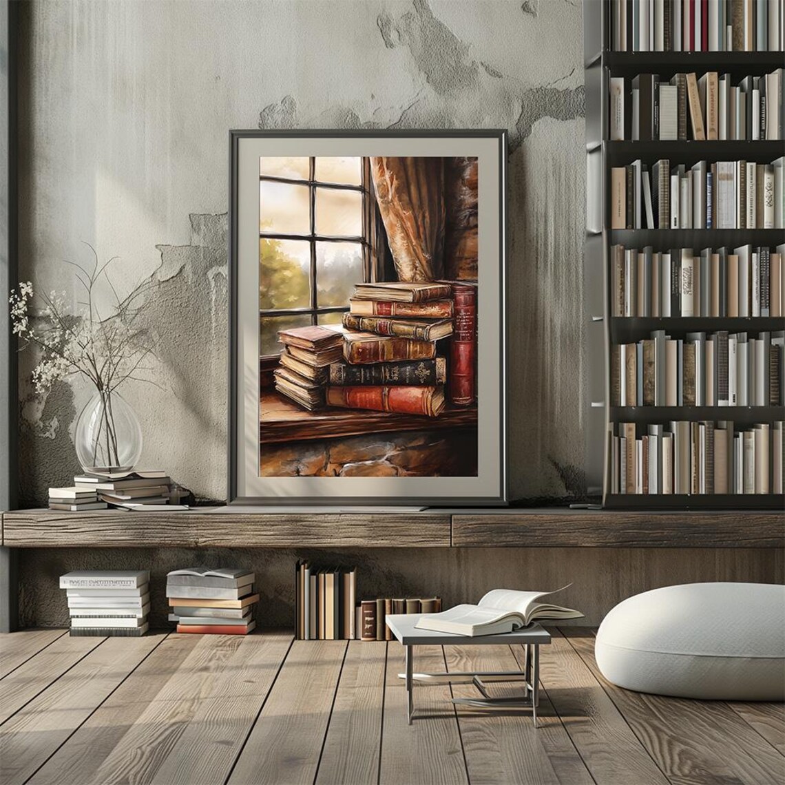 Vintage Books Stacked On Cozy Cottage Window Sill Warm Art Print - Image 3