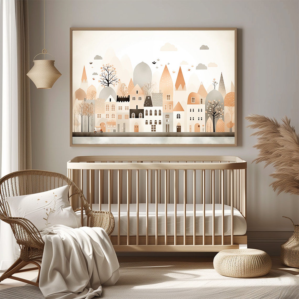 Abstract Cityscape Nursery Print Nordic Small Town Illustration Poster Modern Neutral Nursery Decor Soft Color Village - Image 3