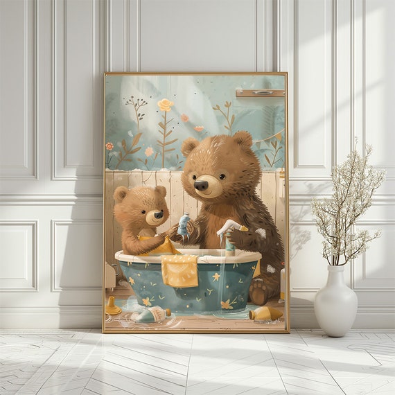 Adorable Bear Washing Her Baby In Bathtub Bathroom Print Animal Art For Kids Bathroom Neutral Animal Illustration Poster