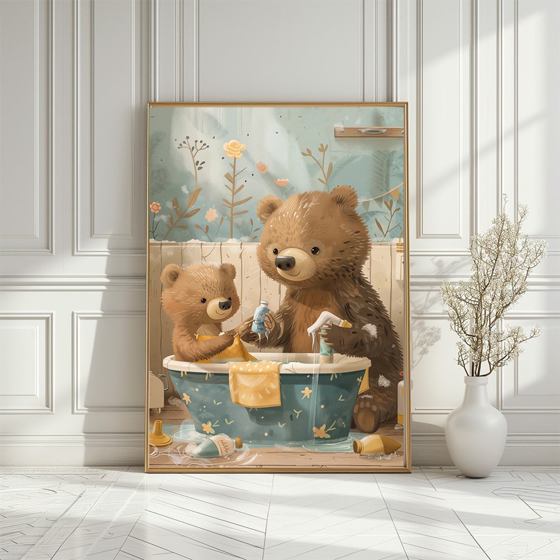 Adorable Bear Washing Baby In Blue Bathtub Bathroom Wall Poster