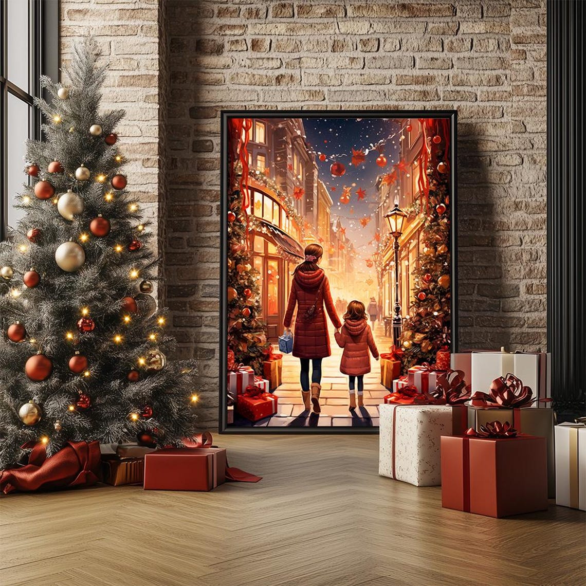 Mother And Child In Christmas Eve Poster Festive Christmas Shopping Art Print Warm Winter Street Scene In City - Image 3