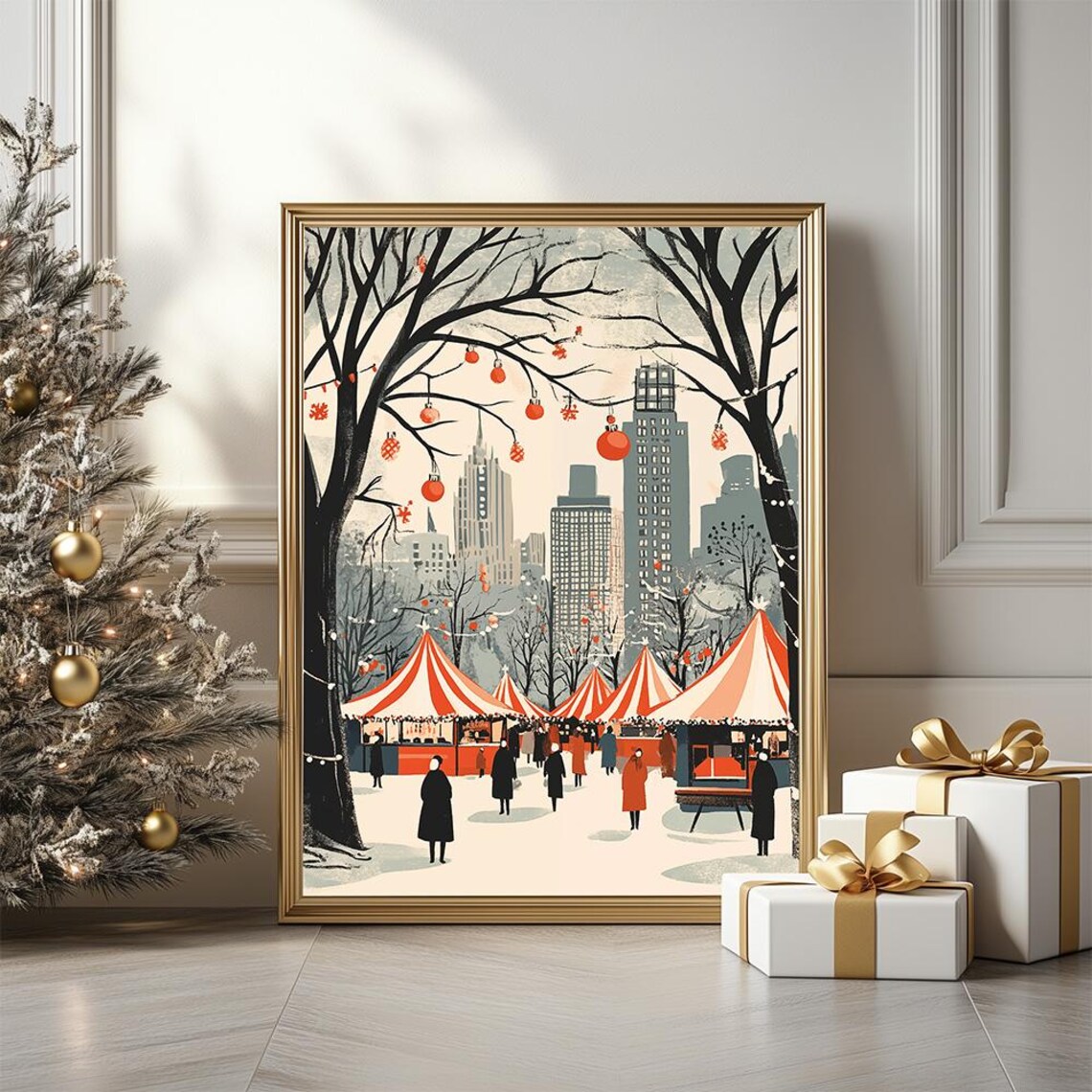 New York Christmas Market Winter Park Skyline Scene Art Poster