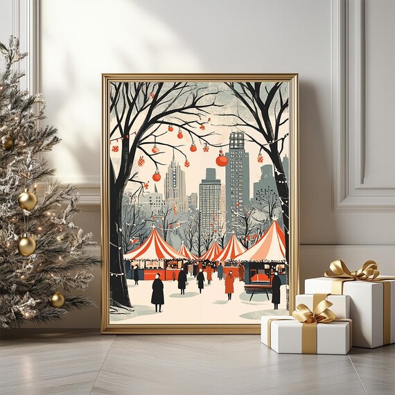 New York Christmas Market Winter Park Skyline Scene Art Poster