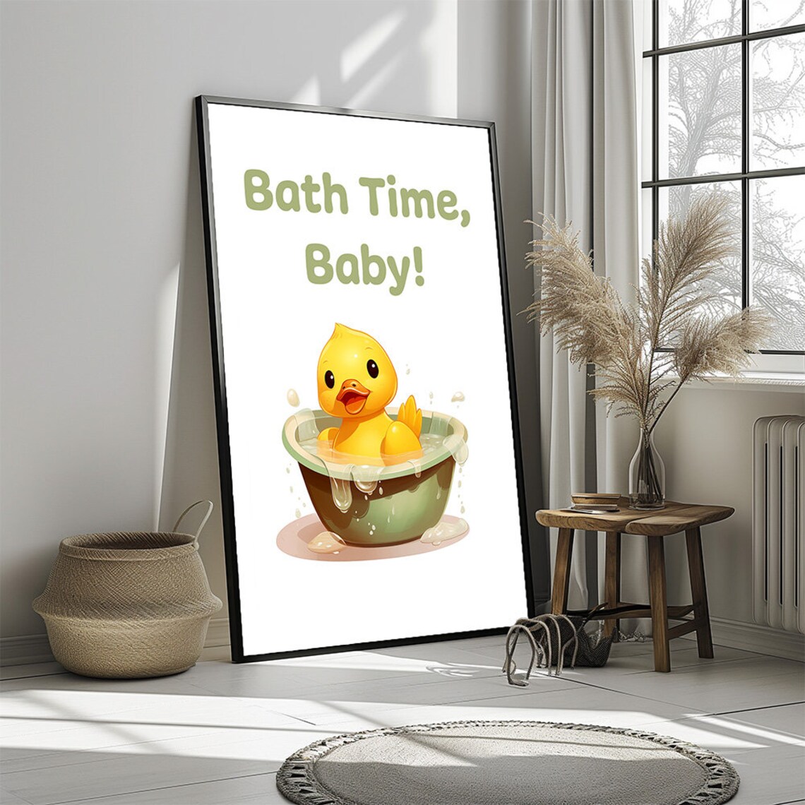 Bath Time Baby Yellow Duck In Bathtub Cute Kids Bathroom Wall Poster - Image 3