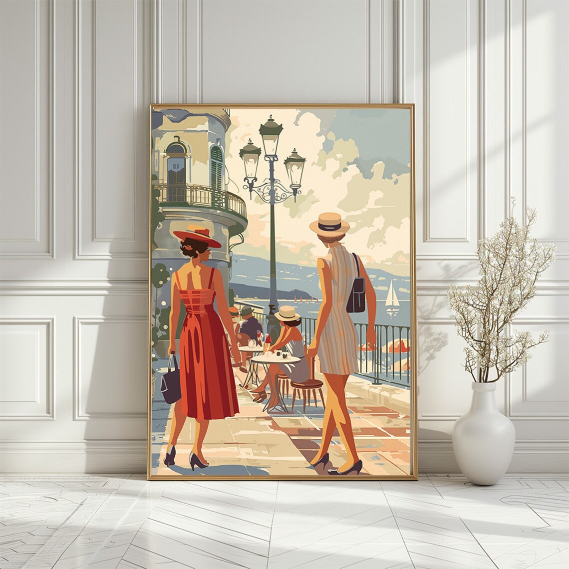 Retro Italian Seaside Promenade Ladies Vintage Style Art Poster