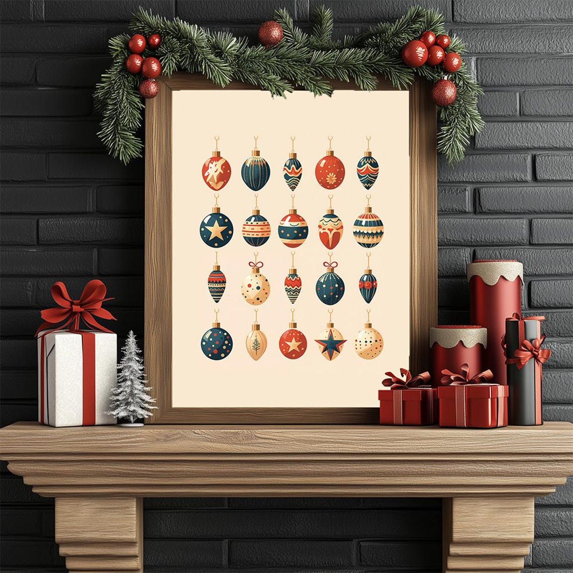 Scandinavian Christmas Tree Ornaments Retro Baubles Art Print - Image 2