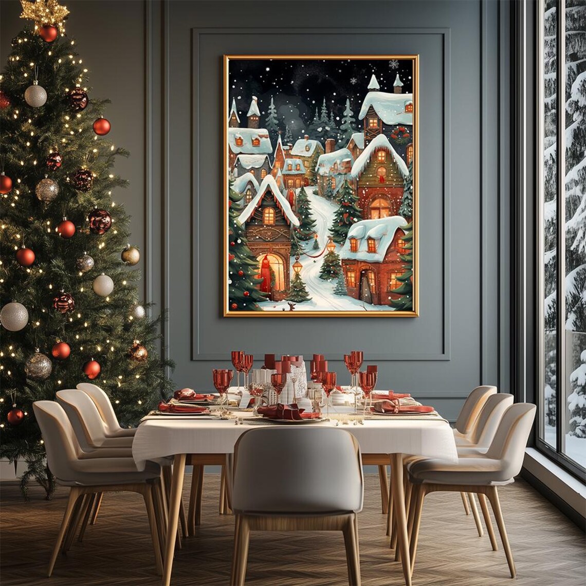 Magical Christmas Village Night Poster With Glowing Snowy Cottages - Image 2