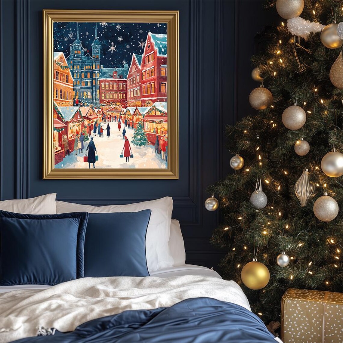 Nordic Christmas Night Market Snowy Village Holiday Art Poster - Image 3