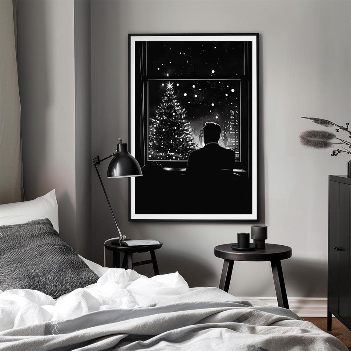 Retro Noir Christmas Window Scene Man Silhouette Snowy Night Art Print - Image 3