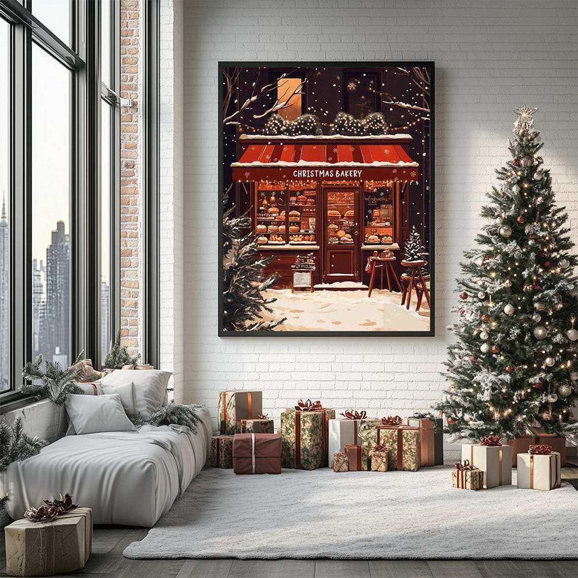 Christmas Bakery Shop Snowy Night Storefront Scene Painting Poster