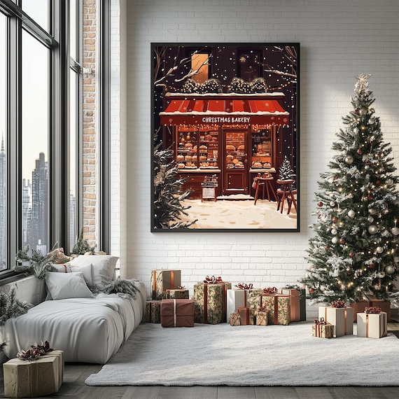 Christmas Bakery Shop Snowy Night Storefront Scene Painting Poster