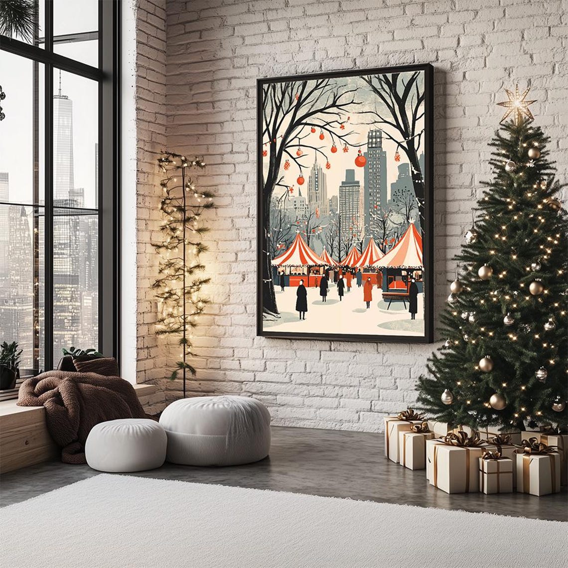 New York Christmas Market Winter Park Skyline Scene Art Poster - Image 2