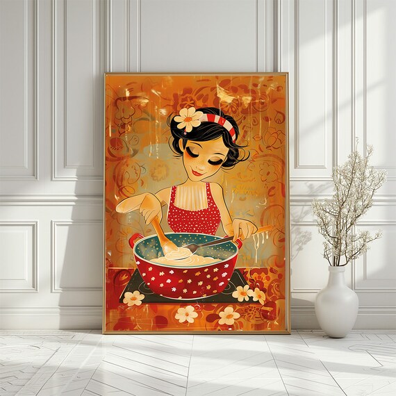 Cooking Woman Boho Kitchen Poster Cooking Lovers Gift Cute Girl In Kitchen Illustration Print Floral Kitchen Art Print