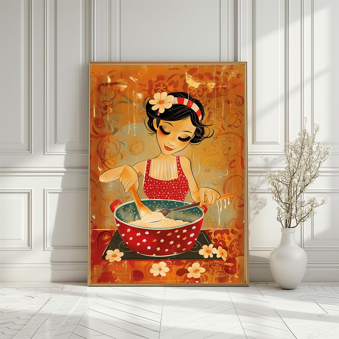 Retro Cooking Woman Stirring Big Pot Cheerful Kitchen Art Poster