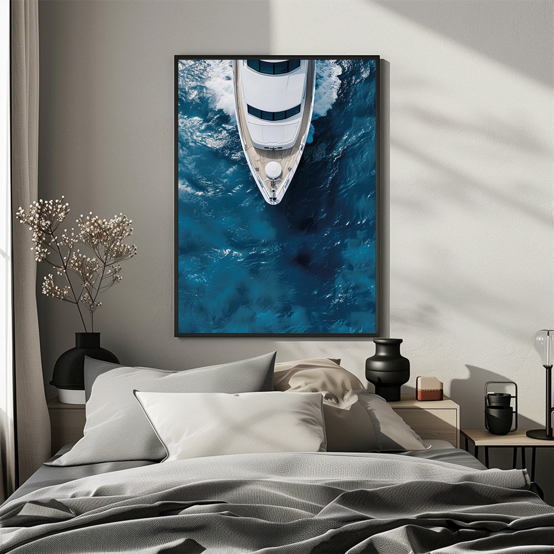 Luxury White Yacht Aerial Top View Deep Blue Ocean Sea Poster - Image 3