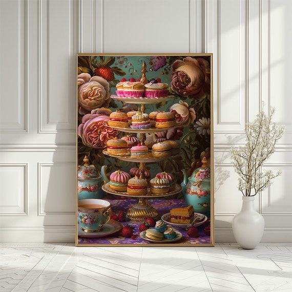 Vintage Tea Party Poster Elegant Macarons And Pastries Art Print Floral Kitchen Art Perfect Luxurious Tea House Decor