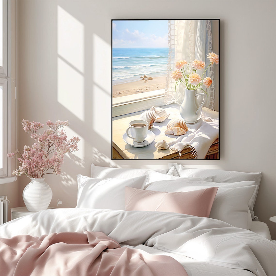 Beach House Coffee Seaside Window View Sunny Coastal Wall Art - Image 3