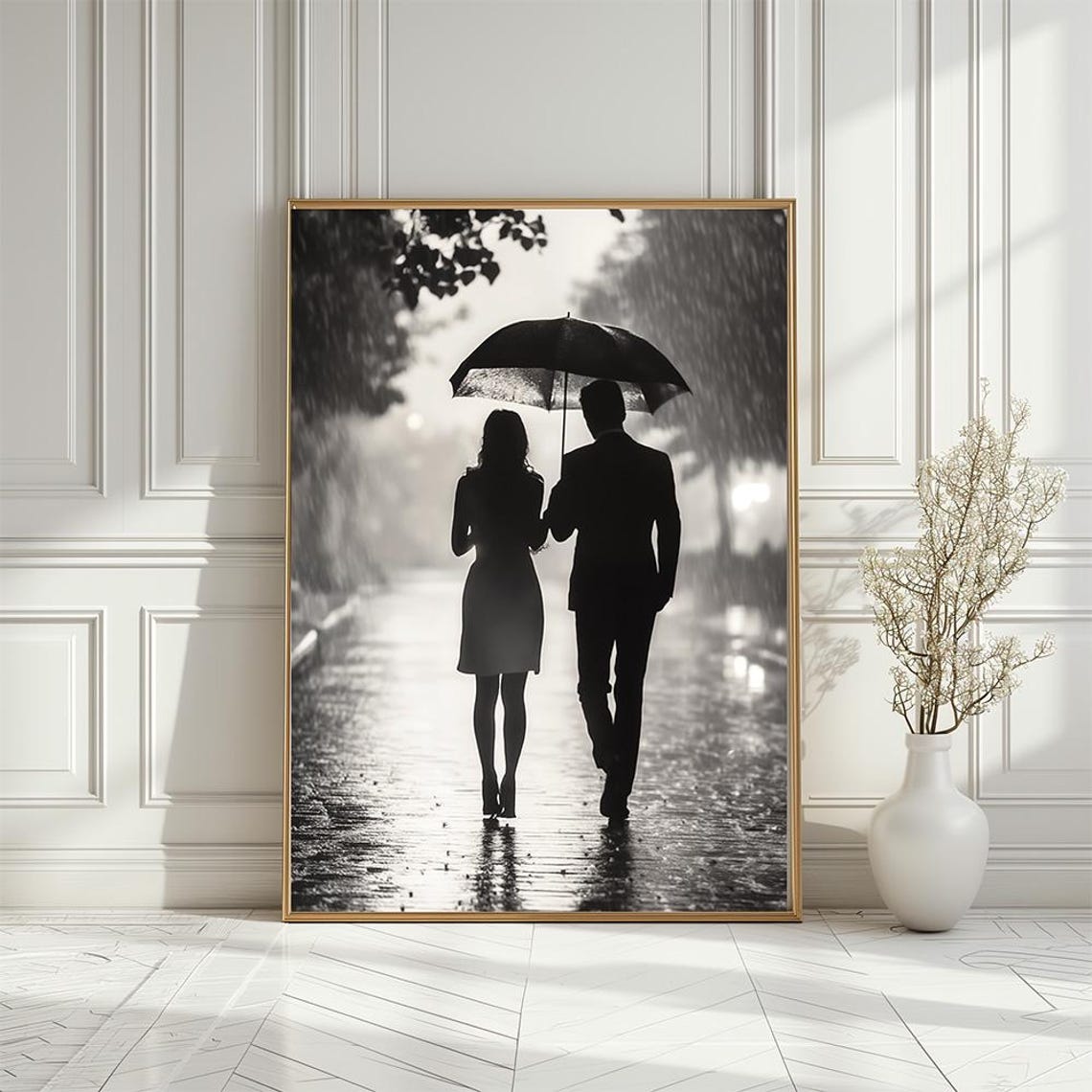 Rainy Night Couple Under Umbrella Monochrome Romantic Poster
