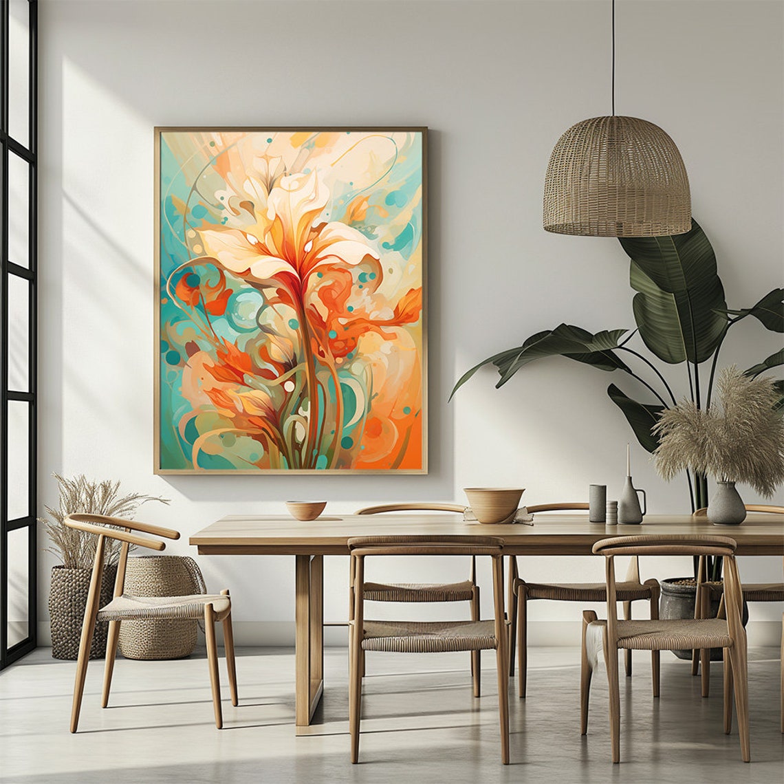 Abstract Orange Lily Botanical Painting Teal Background Art Poster - Image 3