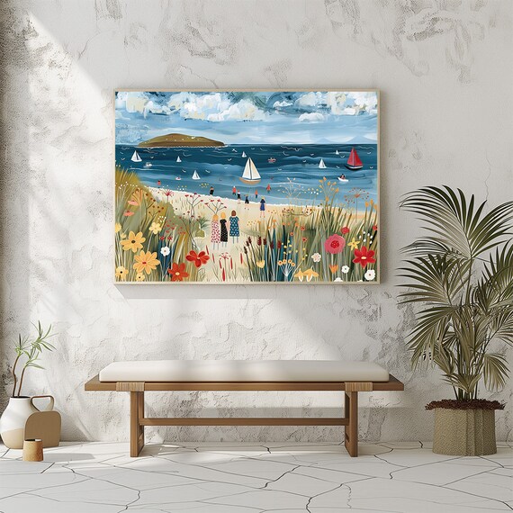 Naive Sailboats Bay Wildflower Coast Cheerful Folk Summer Poster