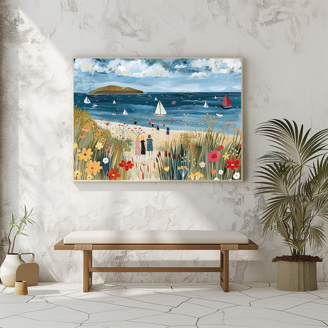Naive Sailboats Bay Wildflower Coast Cheerful Folk Summer Poster