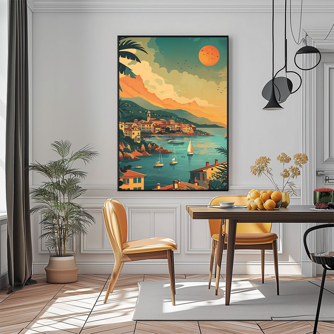 French Riviera Harbor Sunset Retro Travel Illustration Poster - Image 2