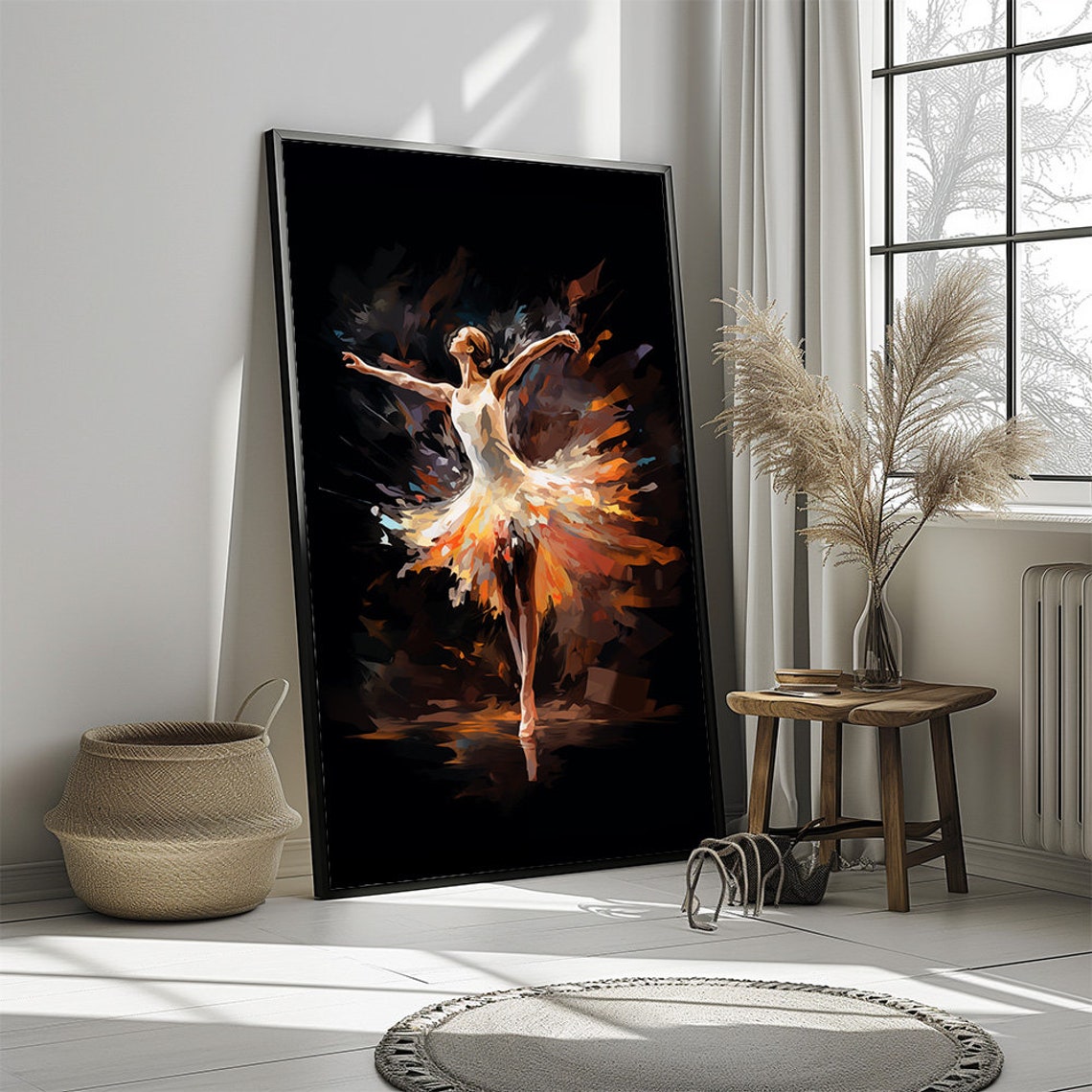Fiery Ballerina Dancer On Dark Stage Dramatic Ballet Art Wall Poster - Image 3
