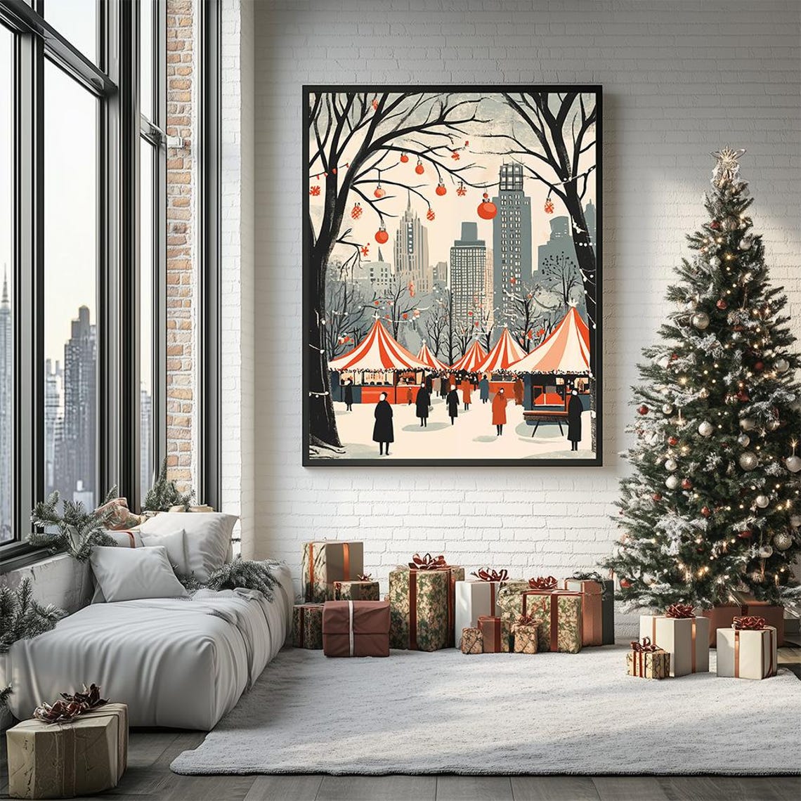 New York Christmas Market Winter Park Skyline Scene Art Poster - Image 3