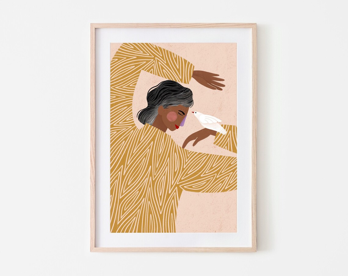 Woman With The Bird Minimalist Portrait Art Print