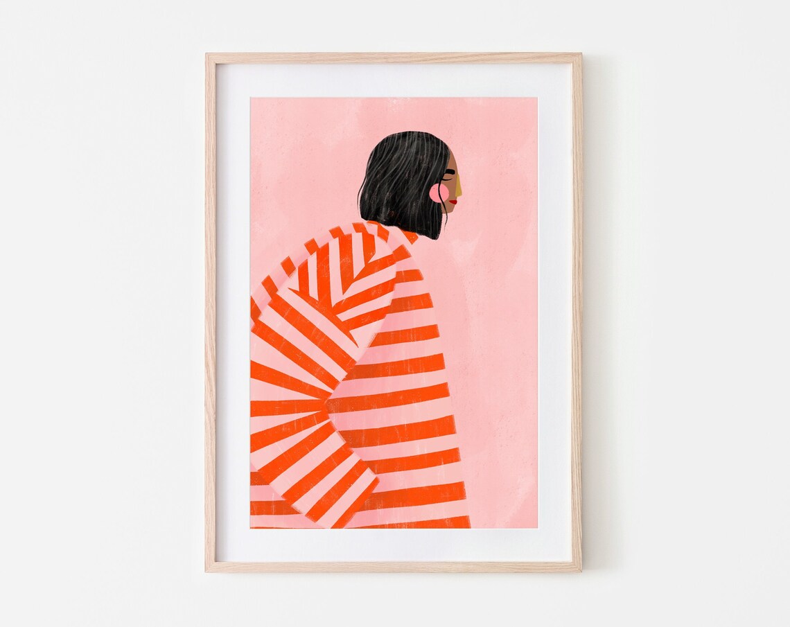 Woman With Orange Stripes Art Print, Minimal Portrait