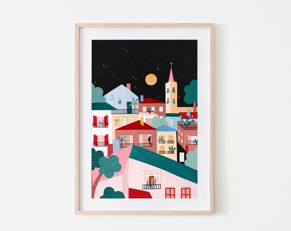 Town By Night Colourful Art Print Vibrant Wall Decor City Illustration Boho Wall Art Location Poster
