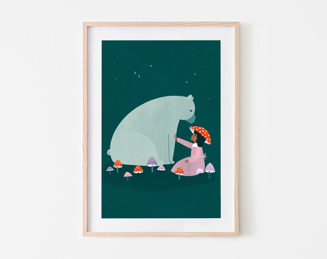 Soley And The Bear Mushroom Nursery Art Print