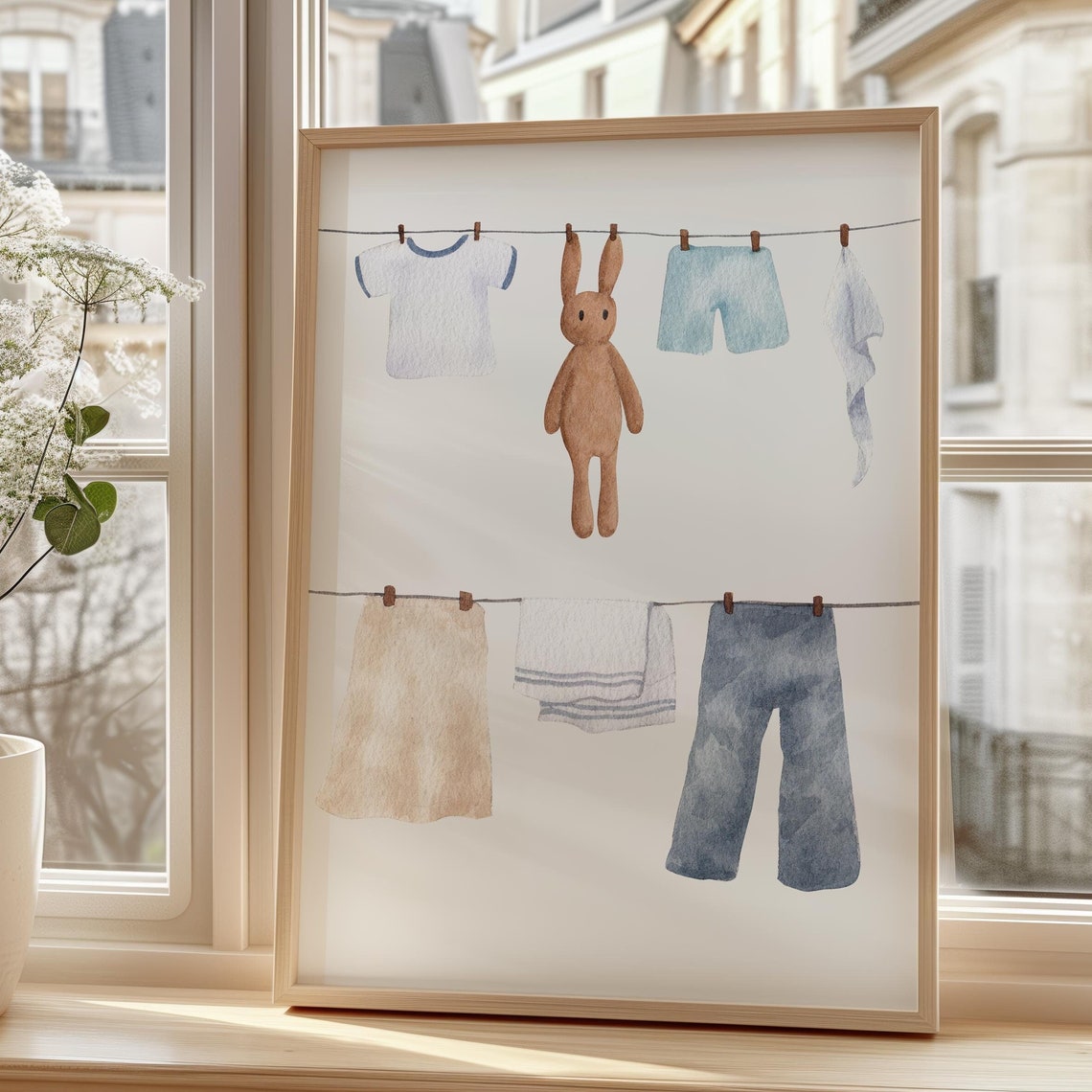 Watercolor Baby Clothesline Bunny Plush Laundry Nursery Wall Art