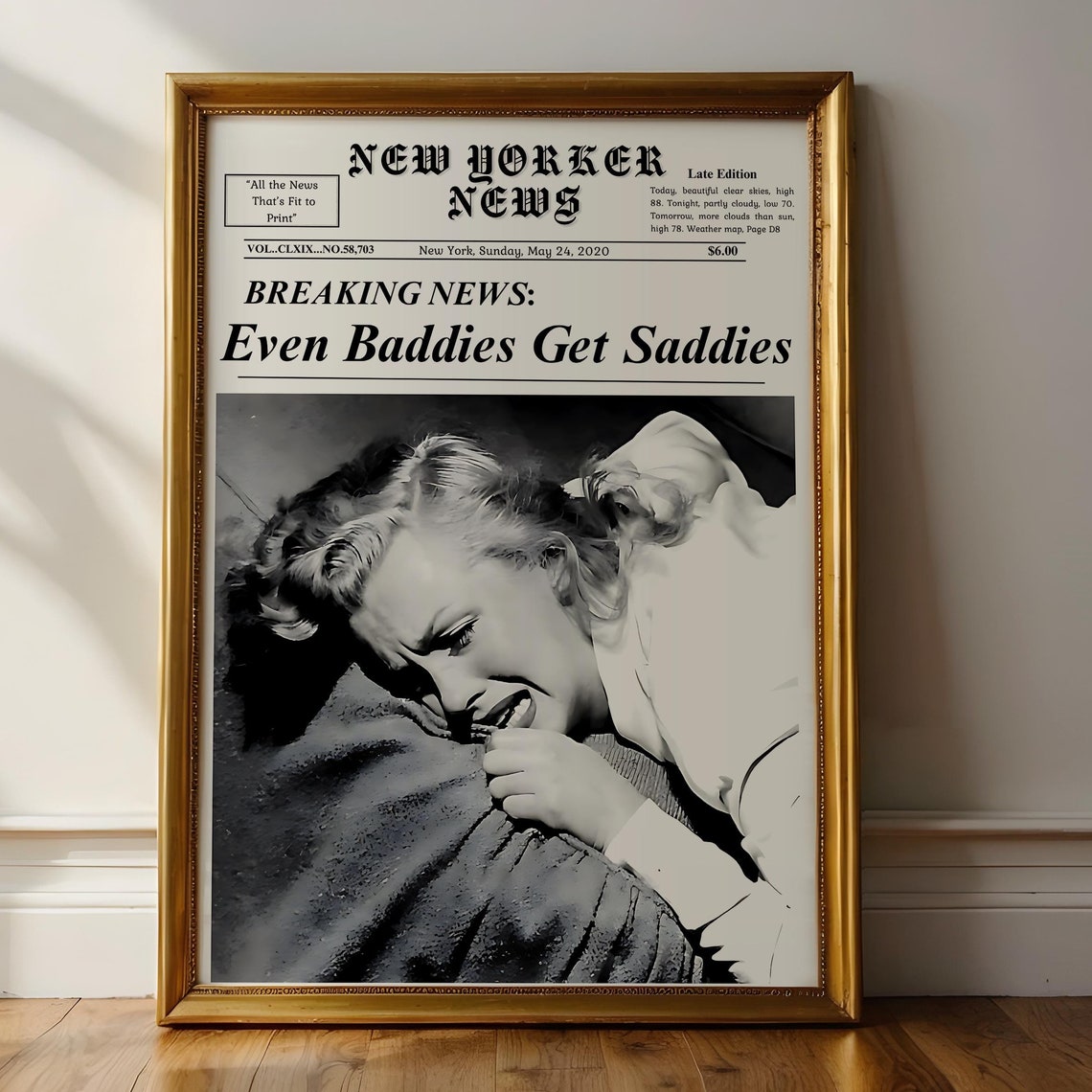 Marilyn Monroe Even Baddies Get Saddies Funny Newspaper Wall Art