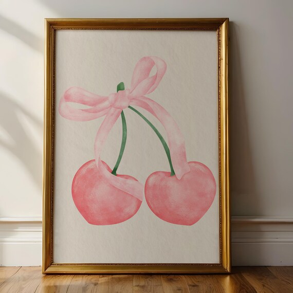Pink Cherry Coquette Art Coquette Wall Art Pink Watercolor Pink Bow Prints Pink Nursery Decor Minimalist Cherry Print