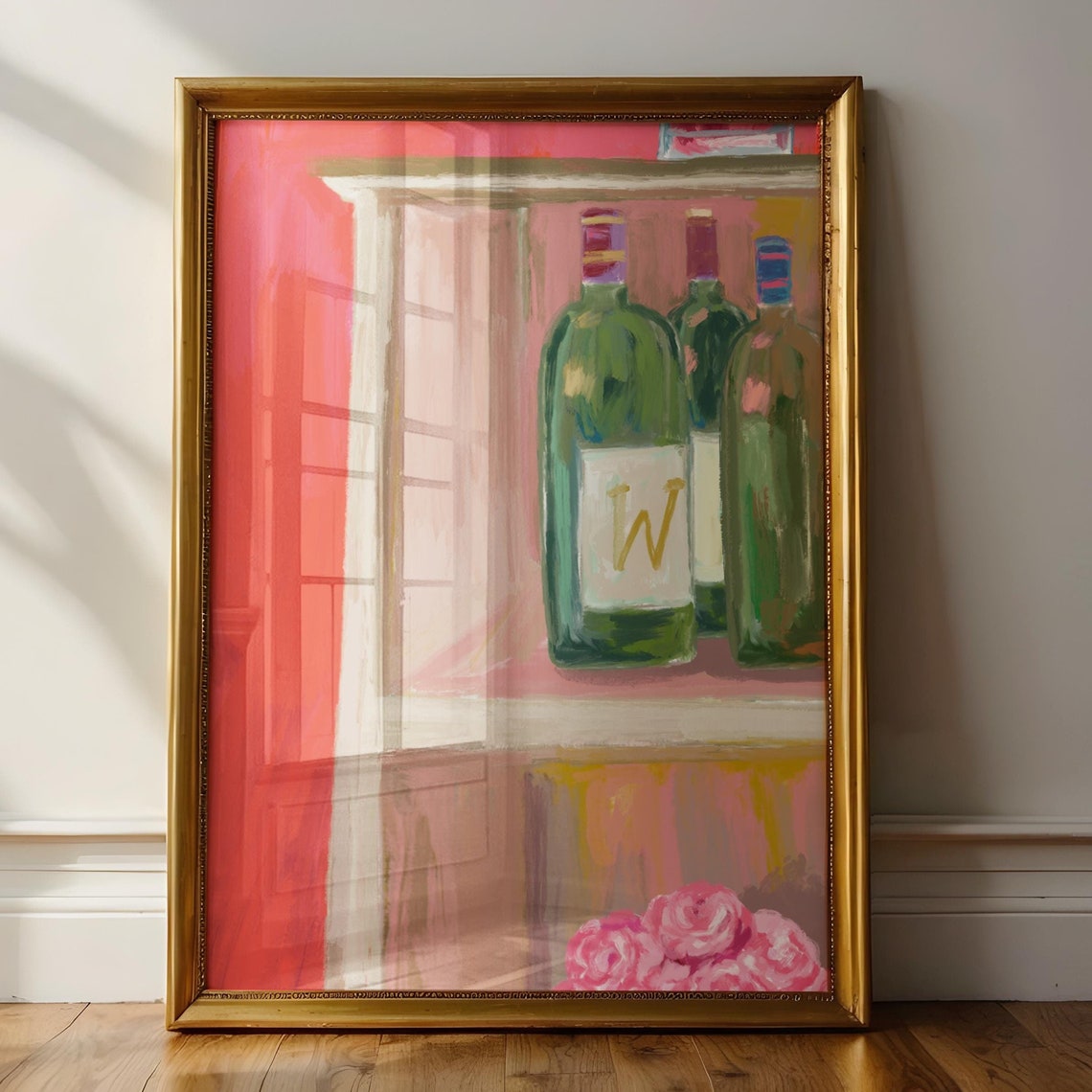 Wine Still Life Bottles Pink Roses Bar Cabinet Chic Wall Poster