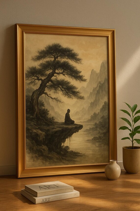 Meditation Wall Art Zen Mountain Print Tranquil Nature Decor Asian Landscape Painting Cozy Mindful