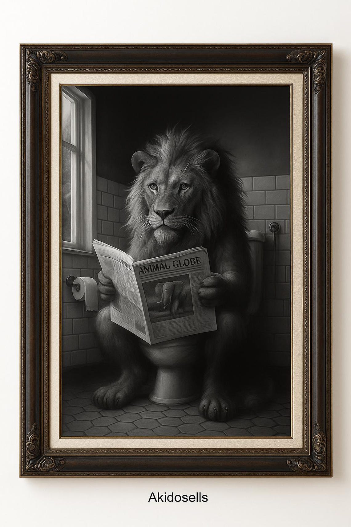 Lion Reading Newspaper Funny Bathroom Black and White Animal Poster
