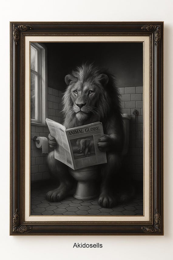 Lion On Toilet Print Funny Bathroom Art Quirky Animal Decor