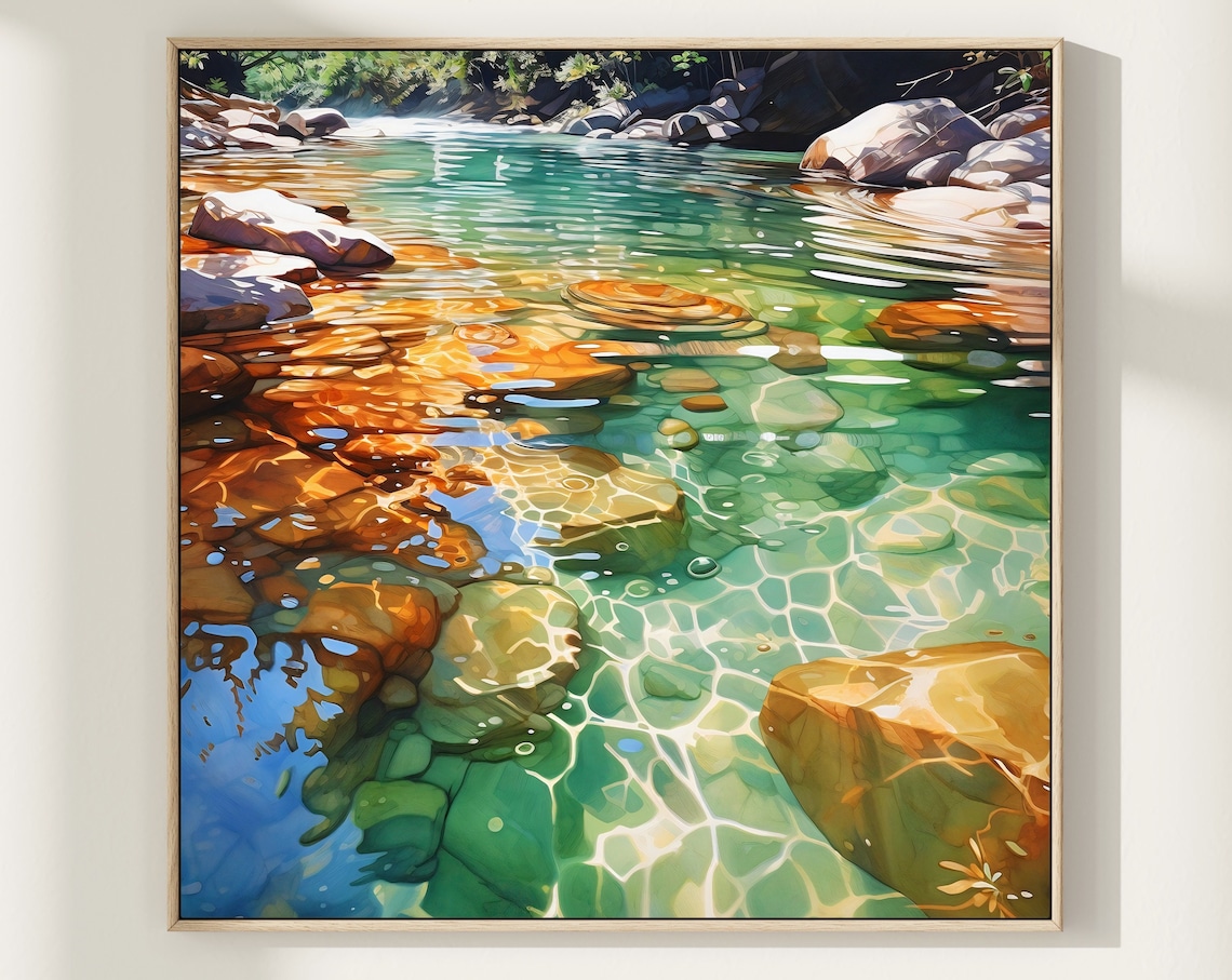 Lake View Watercolor Art Print, Underwater Rocks