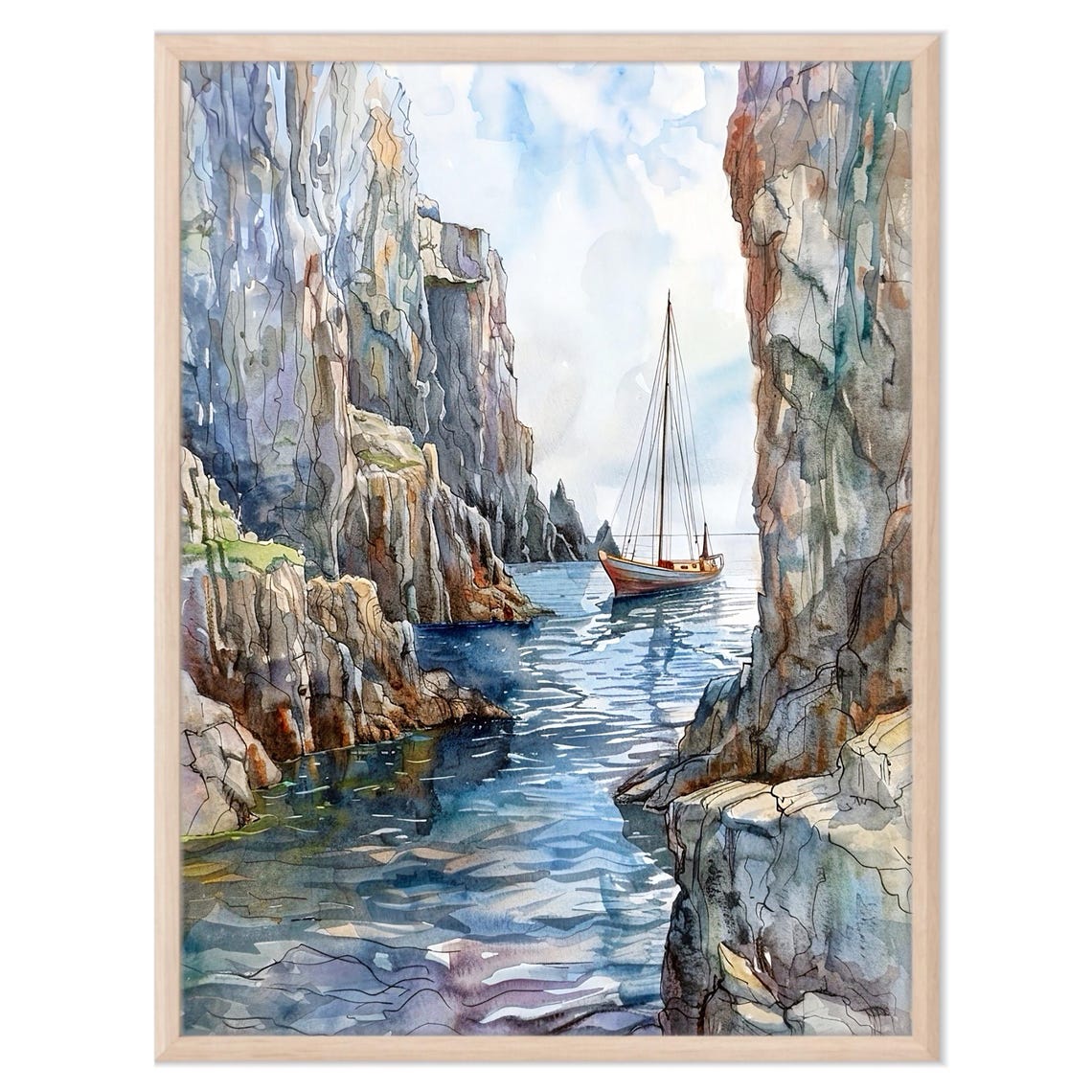 Sailboat Between Towering Sea Cliffs Watercolor Ocean Poster