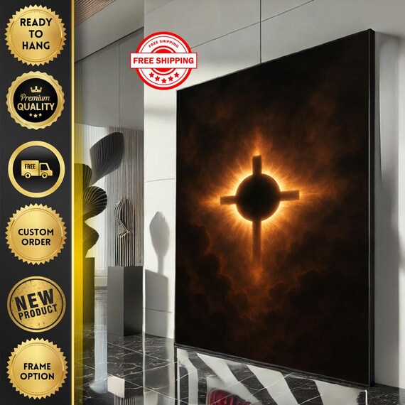 Solar Eclipse Cross Silhouette Fiery Sky Dramatic Light Art Poster