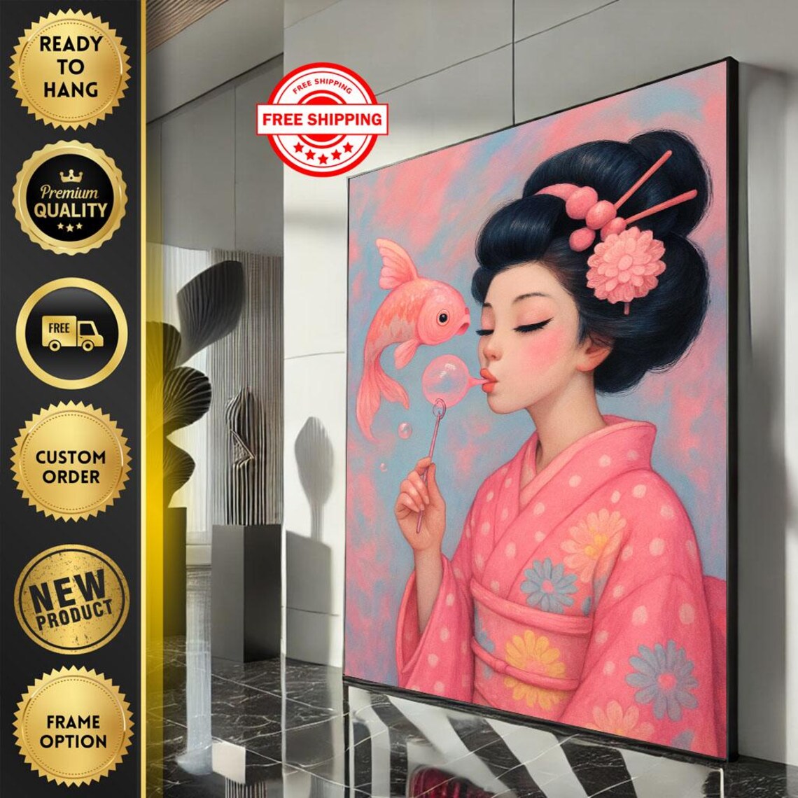Pink Kimono Geisha Girl Goldfish Bubble Dreamy Japanese Art Poster