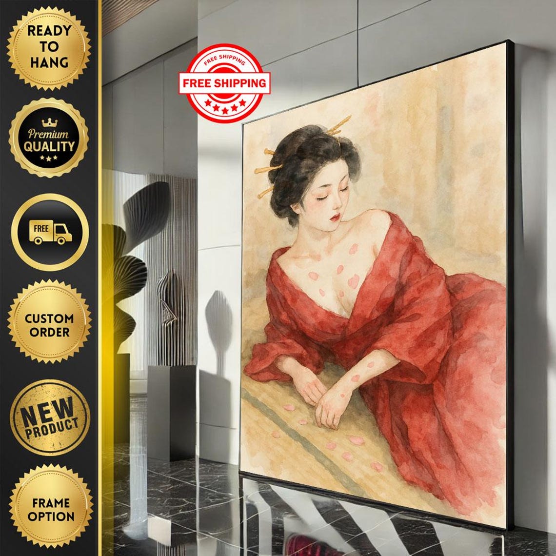 Watercolor Geisha In Red Kimono On Tatami With Falling Petals Poster