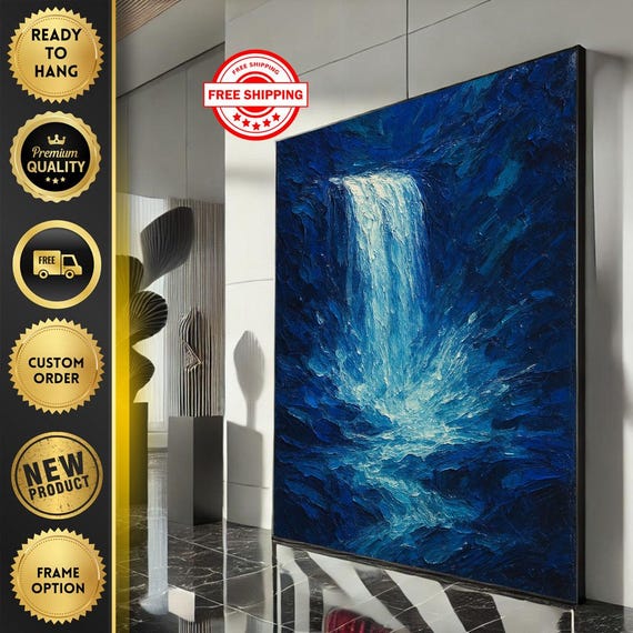 Majestic Blue Waterfall Abstract Canvas Wall Art Print Deep Living Room Decor Ready To Hang