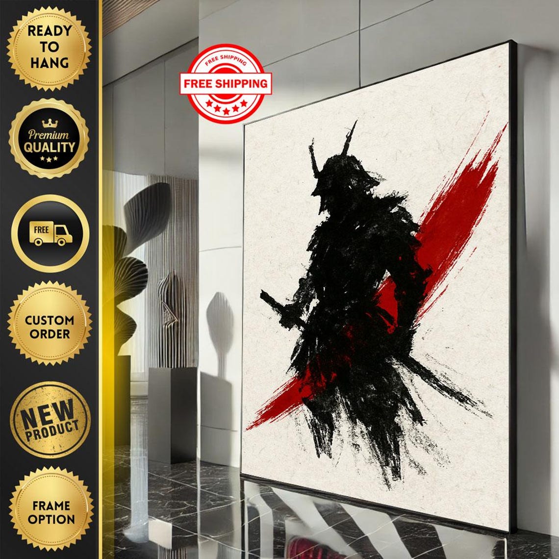 Shadow Samurai Warrior Ink Silhouette Red Slash Abstract Art Poster