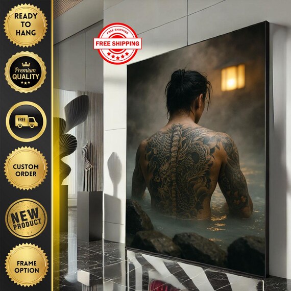 Moody Tattooed Man Soaking in Japanese Hot Spring Bath Poster