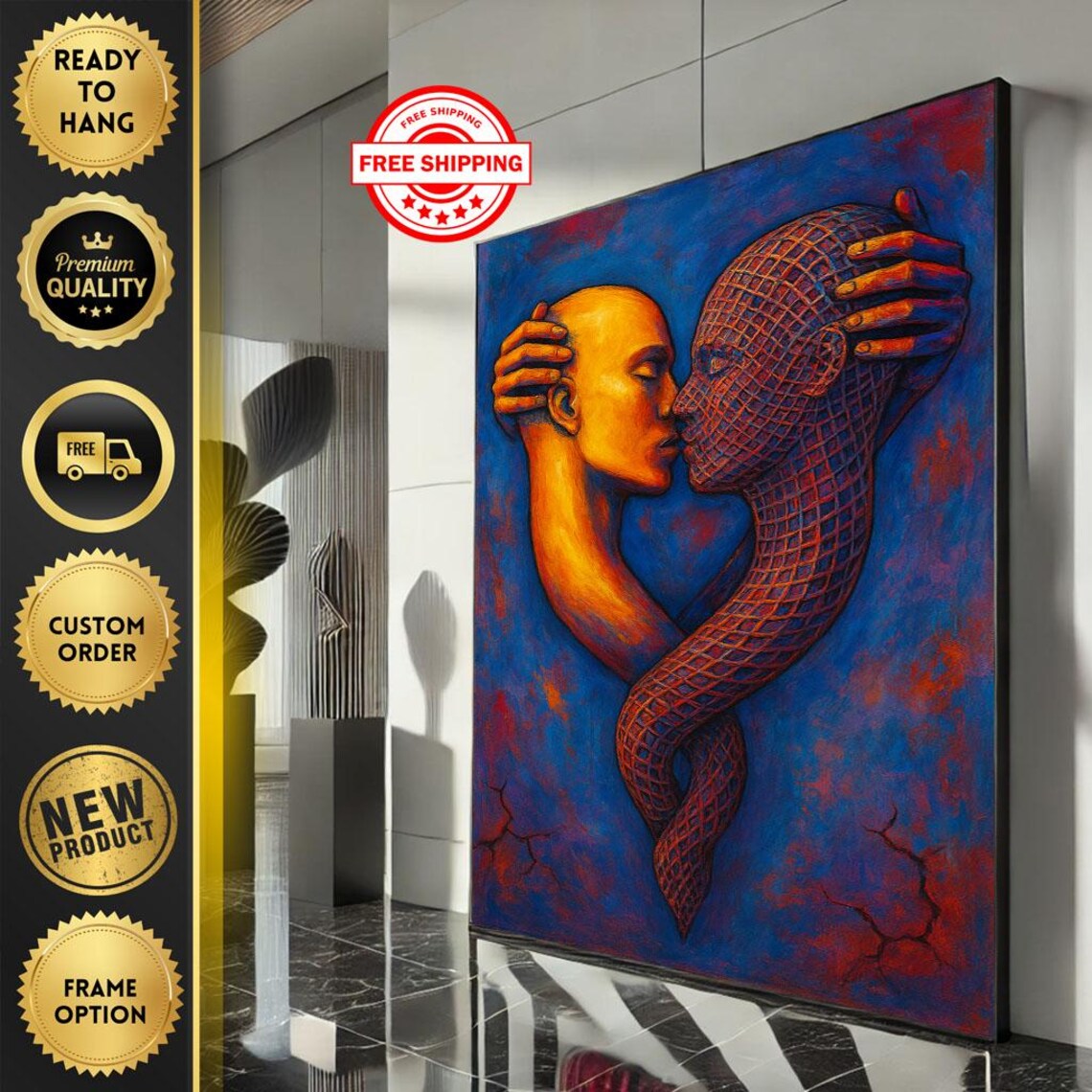 Abstract Surreal Kiss Wireframe Couple Heads Blue Red Poster