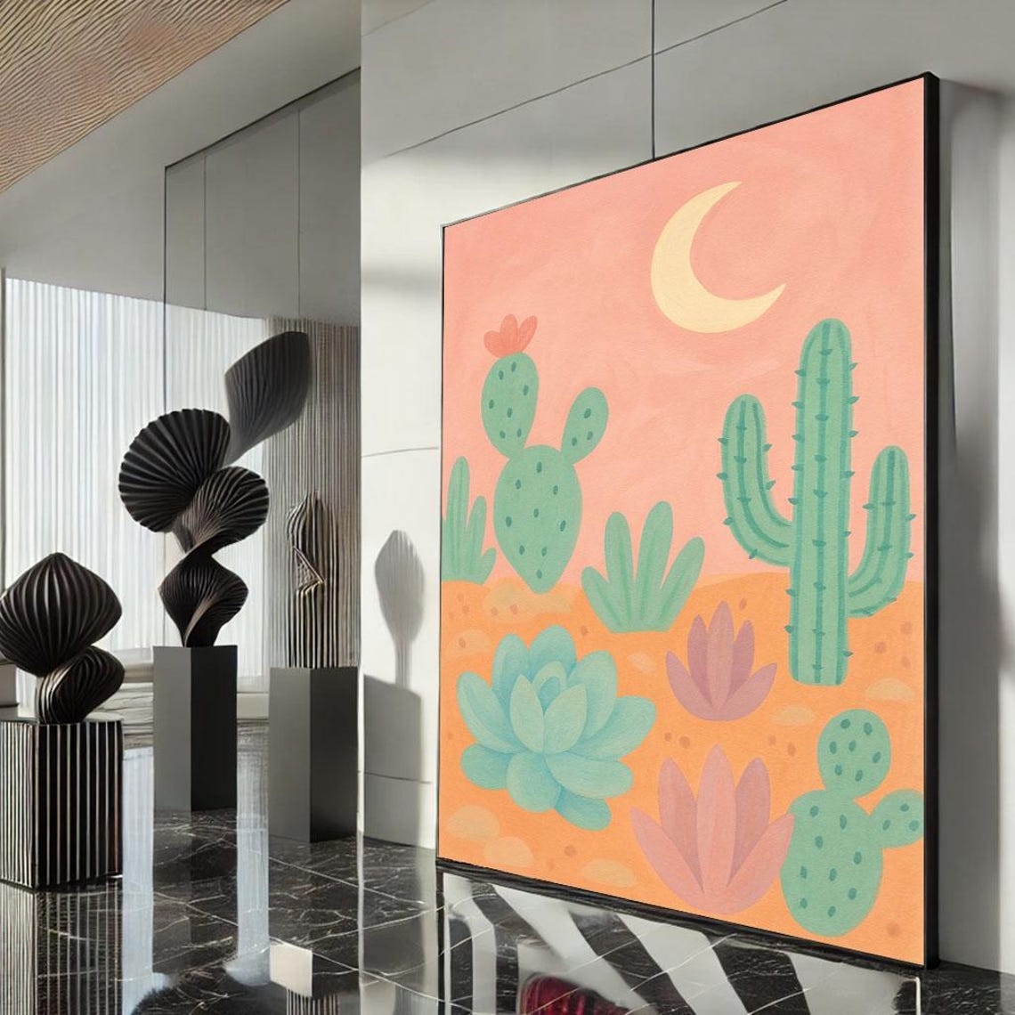 Pastel Desert Cactus Crescent Moon Succulents Whimsical Art Poster