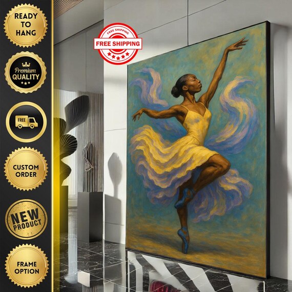 Elegant African Ballerina Canvas Wall Art Print Yellow And Blue Living Room Decor Ready To Hang Statement Piece